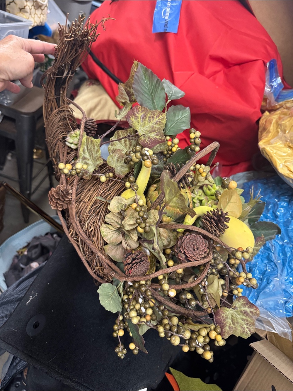 Autumn Harvest Cornucopia Wreath - Green and Brown Foliage